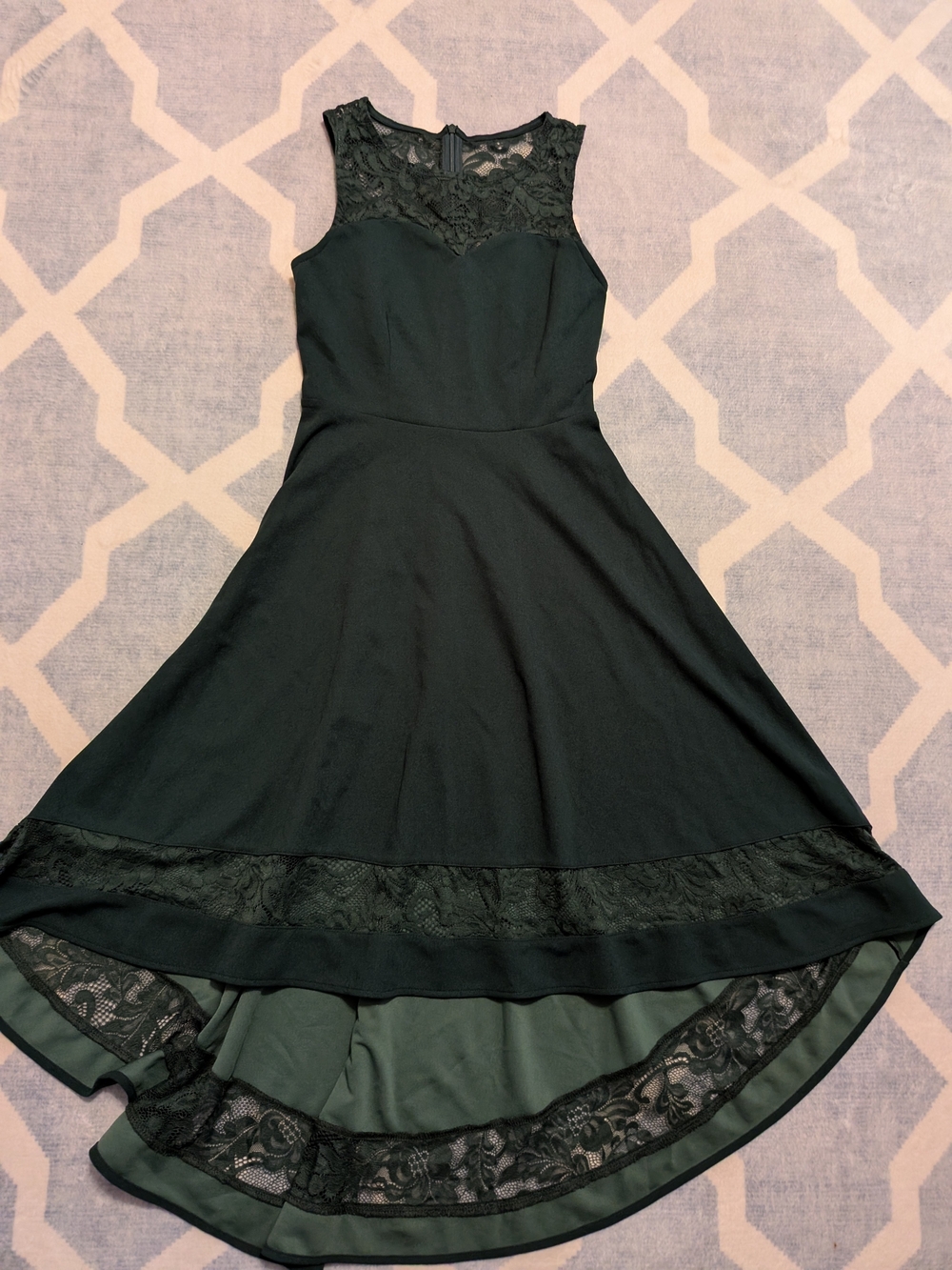 Lace Yoke Dark Green High-Low Dress